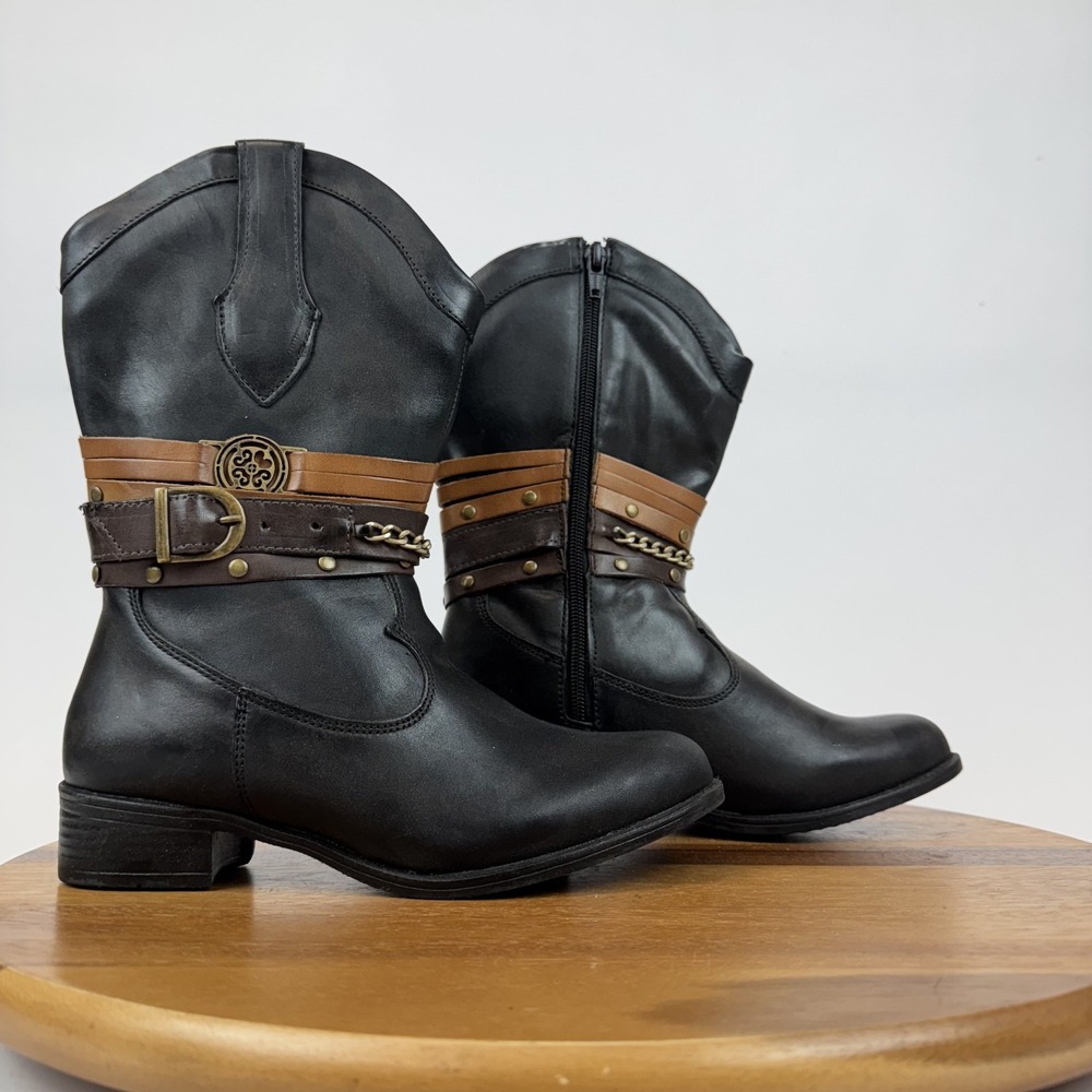 Womens Sandro Moscoloni Robin Belted Black Leather Cowboy Boots Size 5.5‎ M GUC